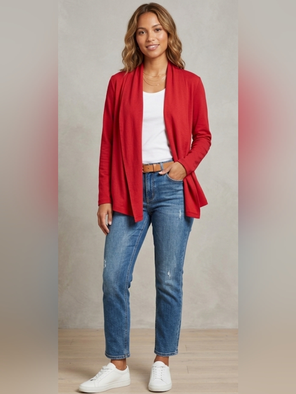 LL Bean Soft Drapey Supima Cotton Red Open Front Women's Cardigan M Reg Like New